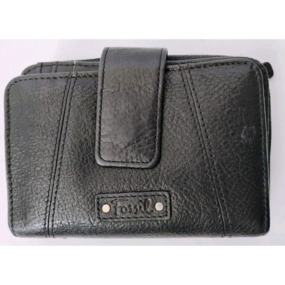 Fossil Black Pebbled Leather Small Multifunction Bifold Wallet Snap Tab Closure